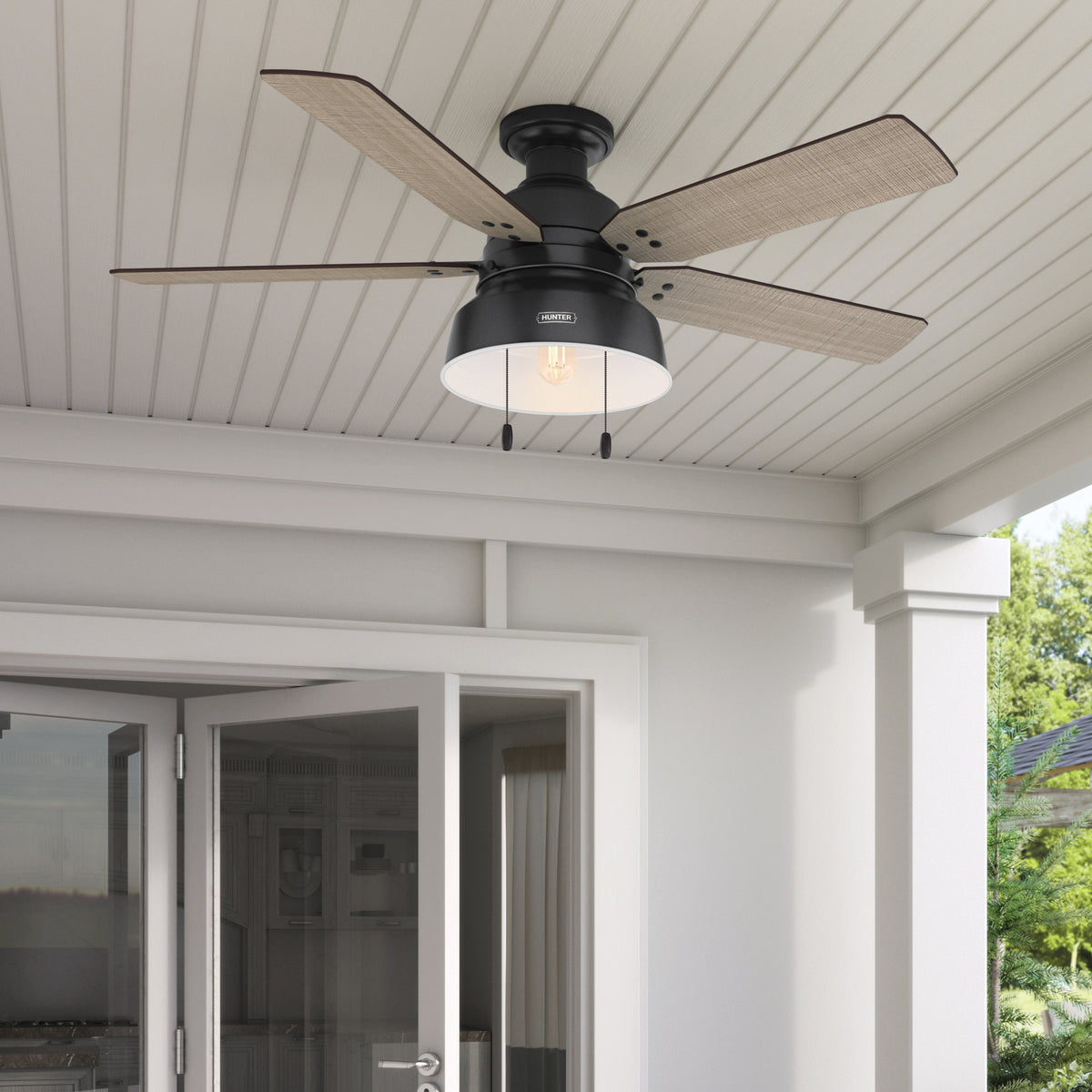 52 inch Mill Valley Matte Black Low Profile Damp Rated Ceiling Fan with LED Light Kit and Pull Chain