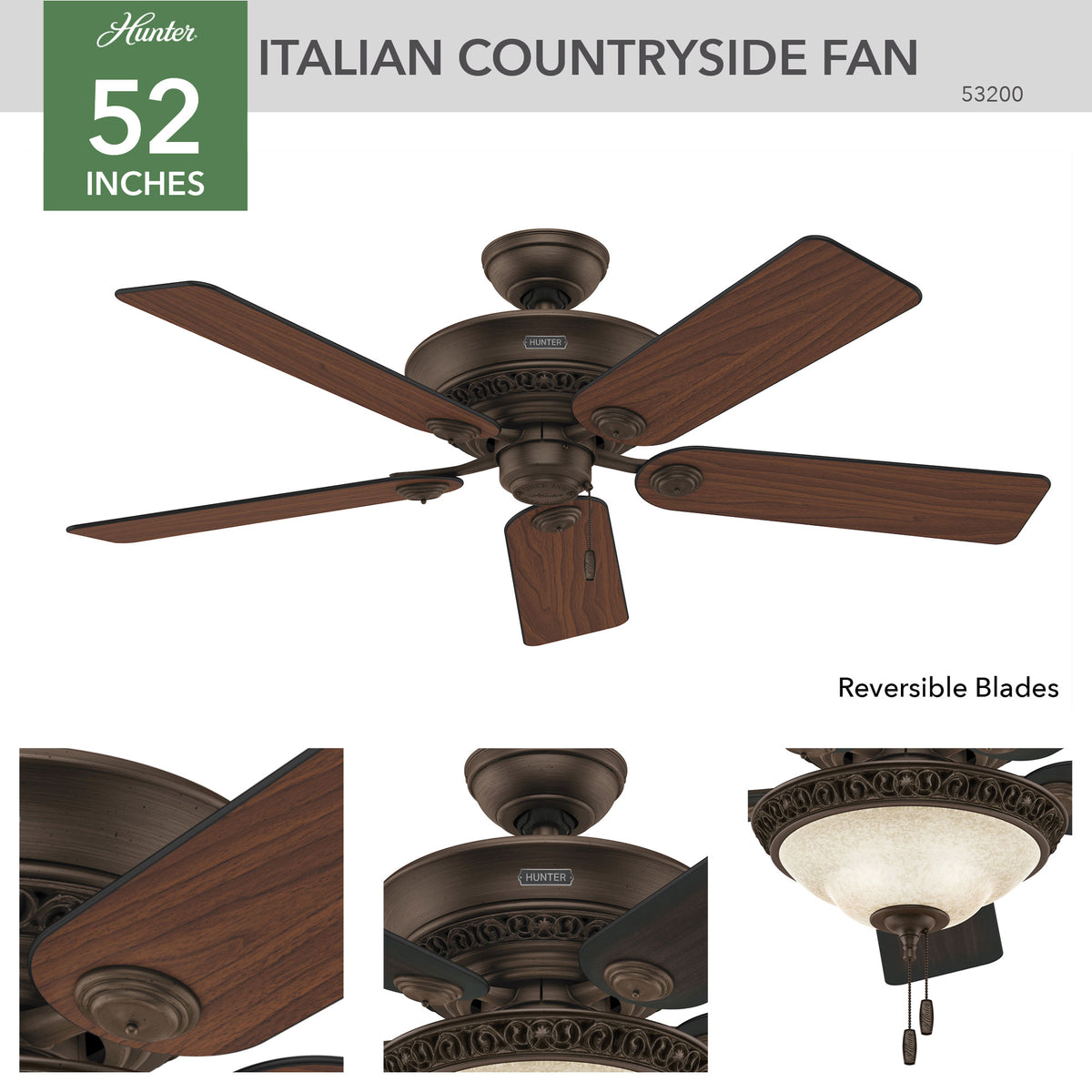 52 inch Italian Countryside P.A. Cocoa Ceiling Fan with LED Light Kit and Pull Chain