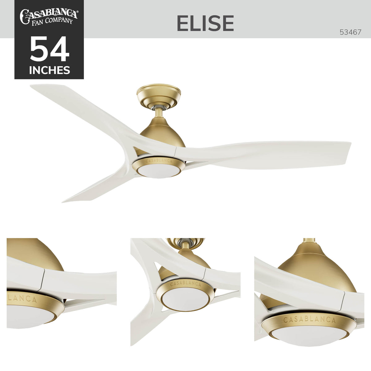 Casablanca 54 inch Elise ENERGY STAR® Alturas Gold Damp Rated Ceiling Fan with LED Light Kit and Wall Control and Handheld Remote