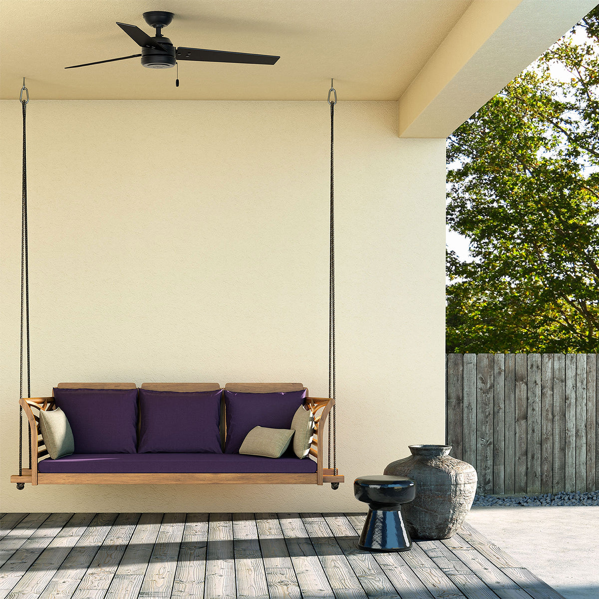 44 inch Cassius Matte Black Damp Rated Ceiling Fan and Pull Chain