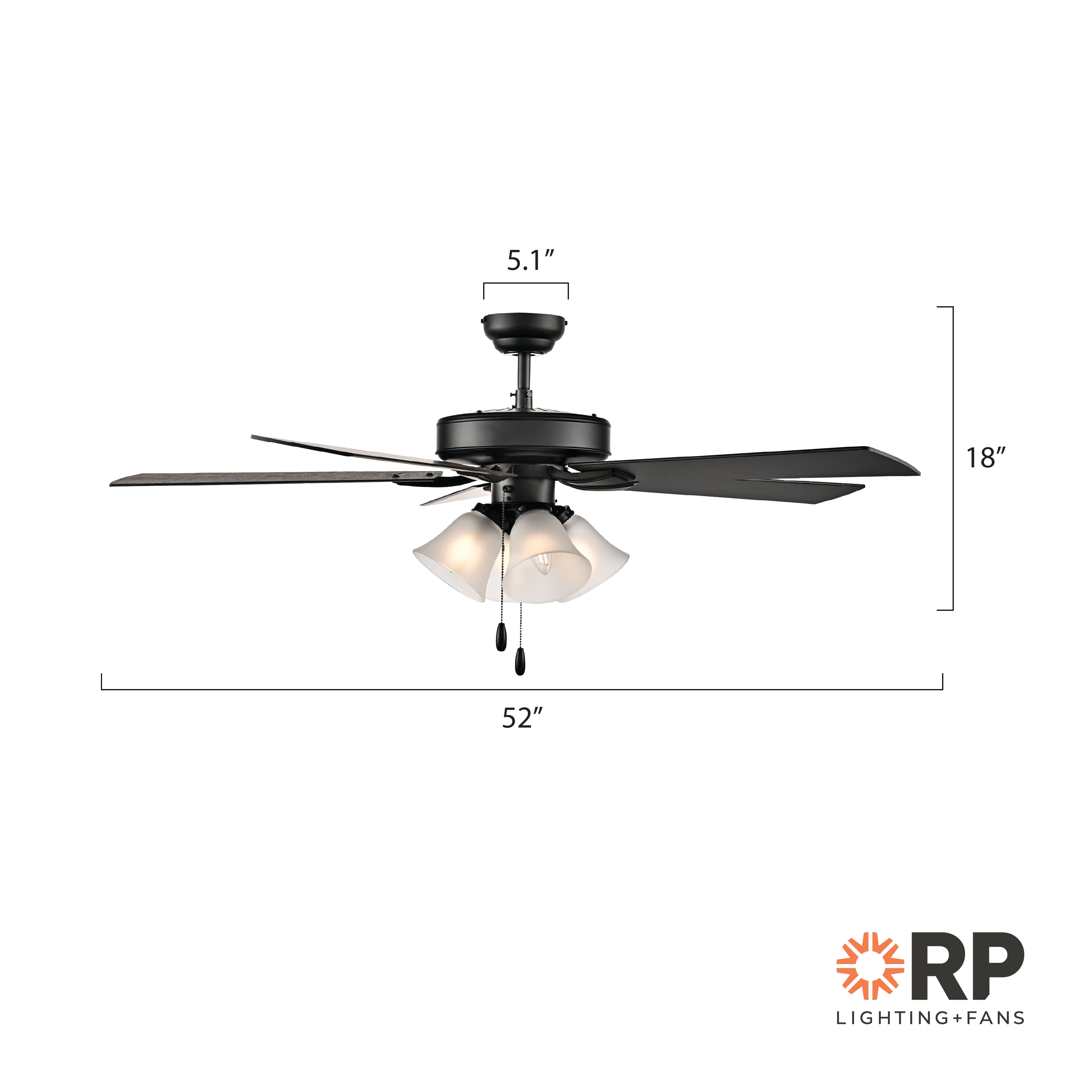 52 Inch Calivane AC Matte Black Indoor Ceiling Fan 5-Blade 4 Lights Reversible