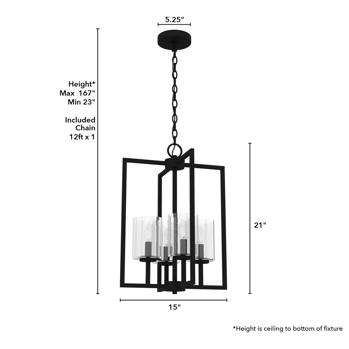 Kerrison 15-inch 4-light Natural Black Iron Lantern Pendant with Seeded Glass