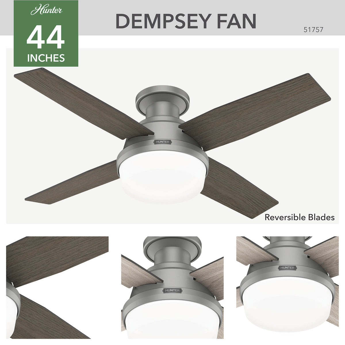 44 inch Dempsey Matte Silver Low Profile Ceiling Fan with LED Light Kit and Handheld Remote