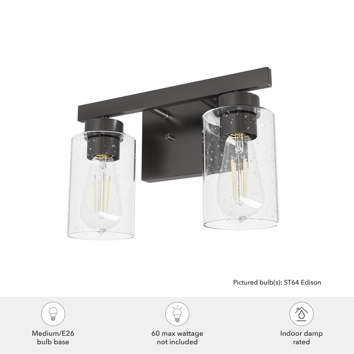 Hartland 13-inch 2-light Noble Bronze Vanity Light with Seeded Glass
