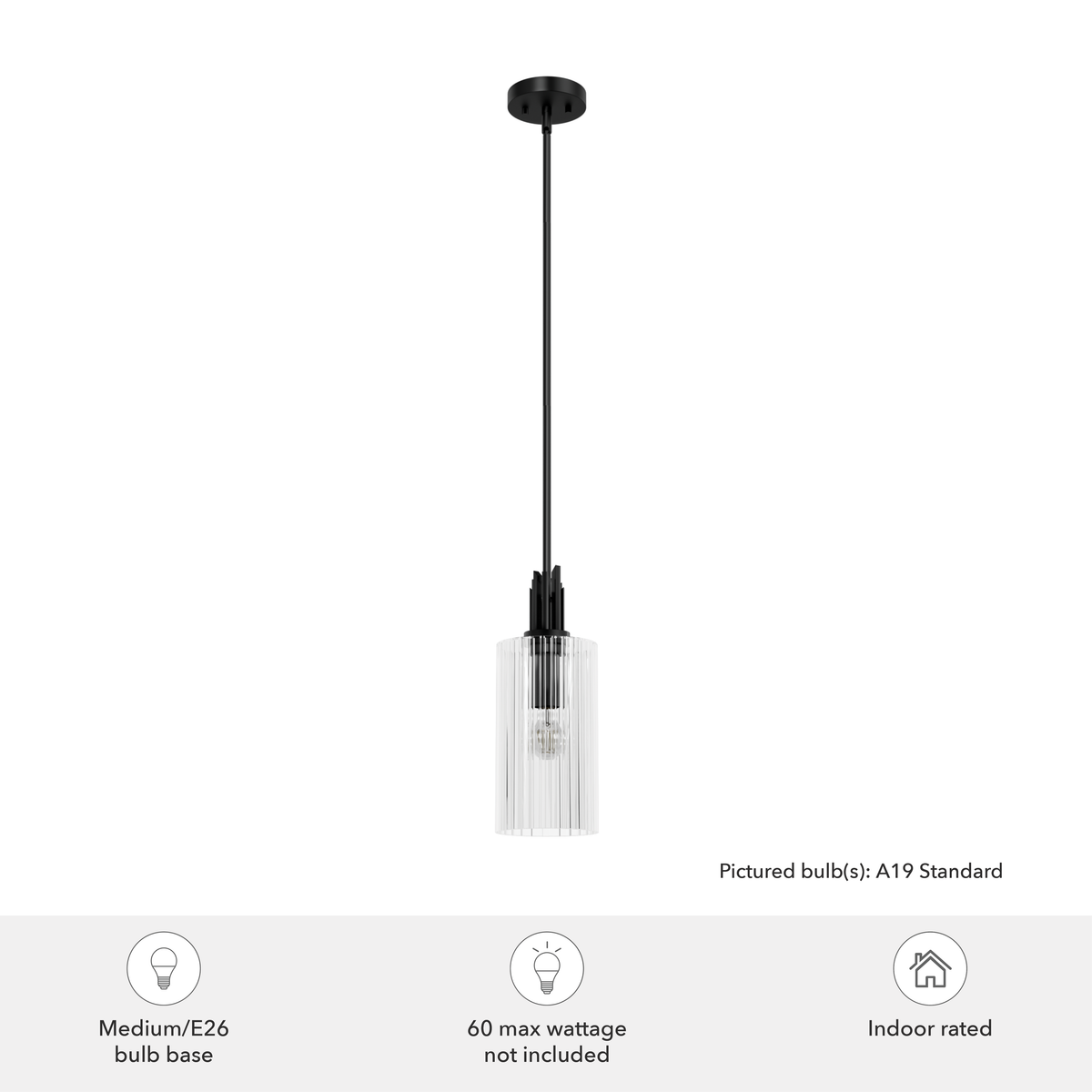 Gatz 6-inch 1-light Matte Black Pendant with Clear Fluted Glass