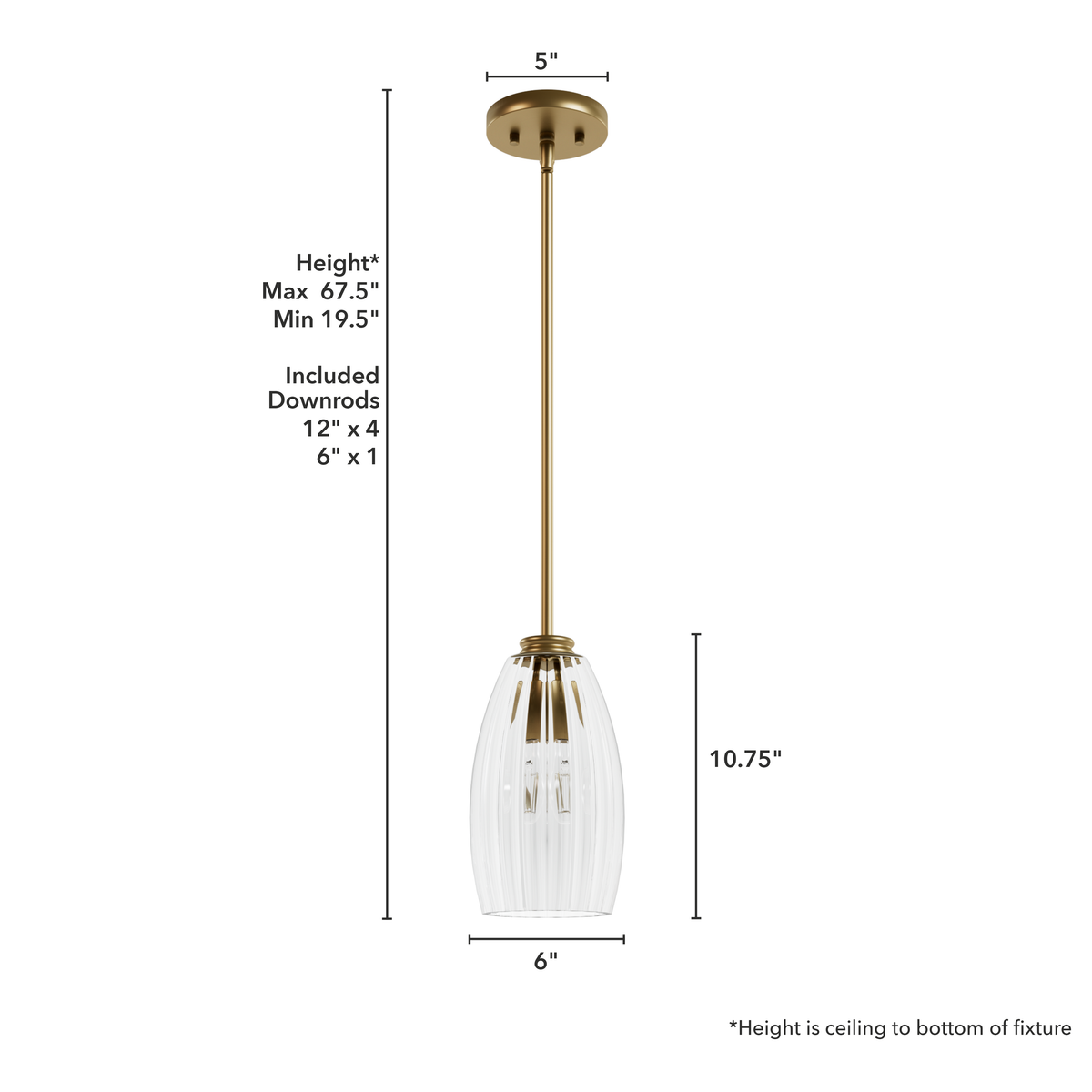Rossmoor 6-inch 1-light Luxe Gold Pendant with Clear Fluted Glass