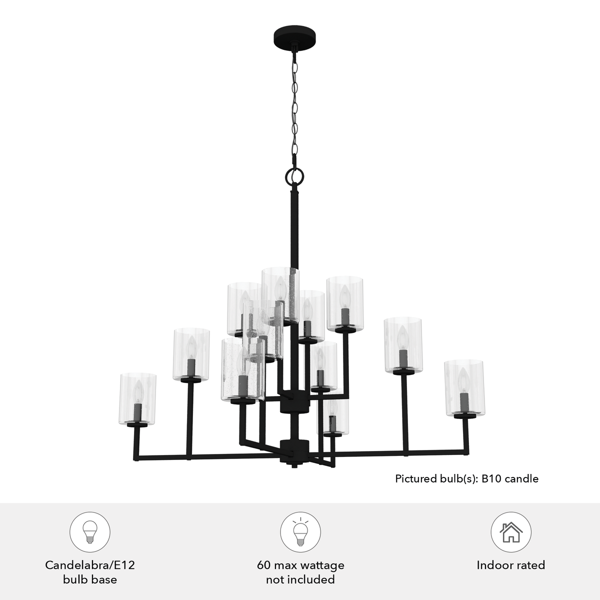 Kerrison 40.5-inch 12-light Natural Black Iron Chandelier with Seeded Glass