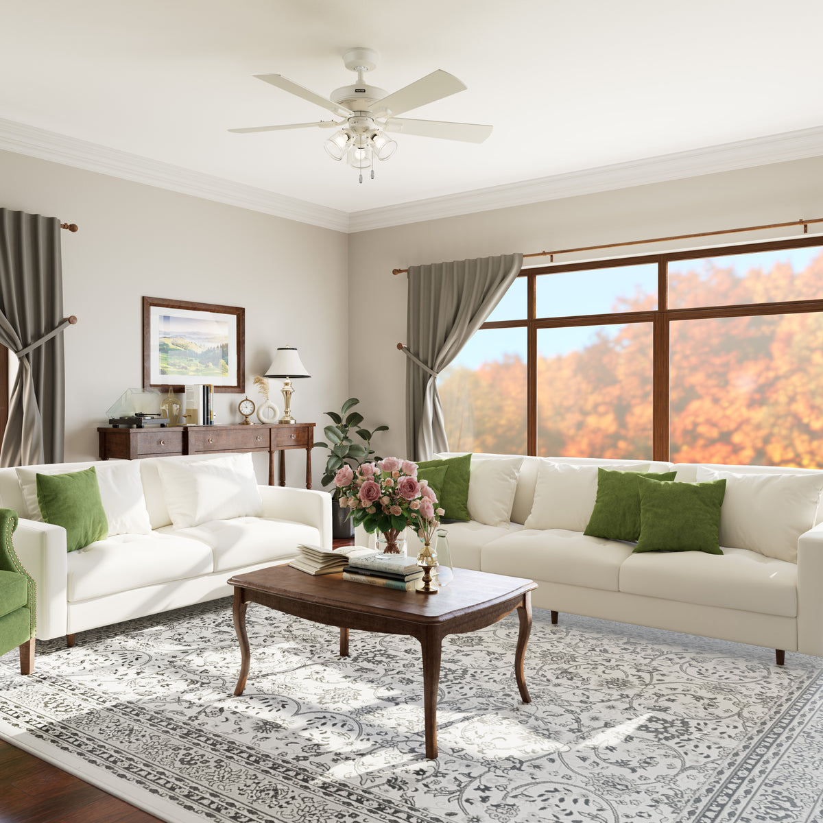 52 inch Crestfield HunterExpress Fresh White Ceiling Fan with LED Light Kit and Pull Chain