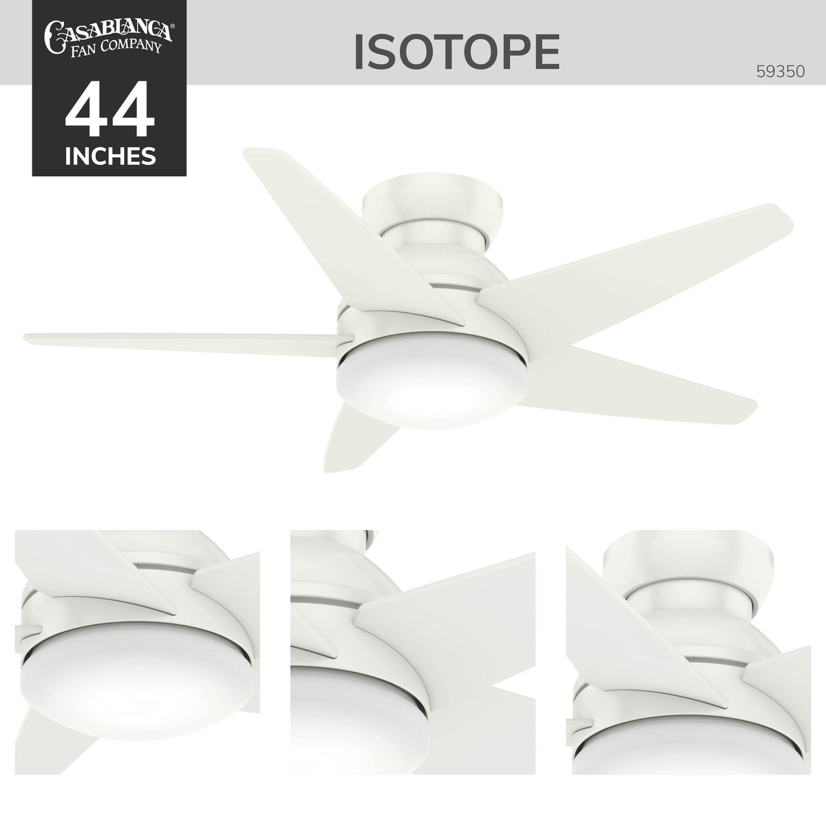 Casablanca 44 inch Isotope Fresh White Low Profile Ceiling Fan with LED Light Kit and Wall Control
