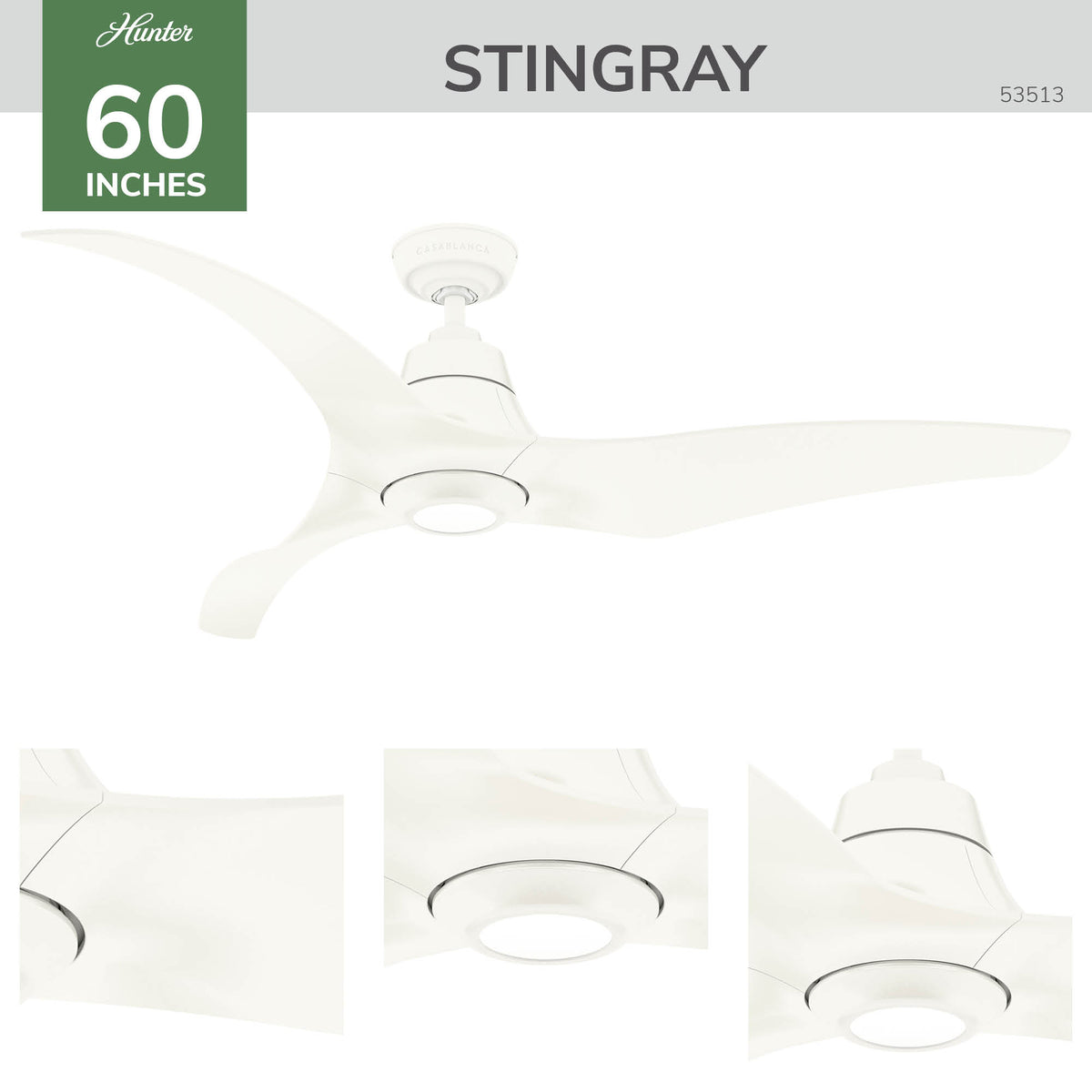 Casablanca 60 inch Stingray ENERGY STAR® Matte White Damp Rated Ceiling Fan with LED Light Kit and Handheld Remote