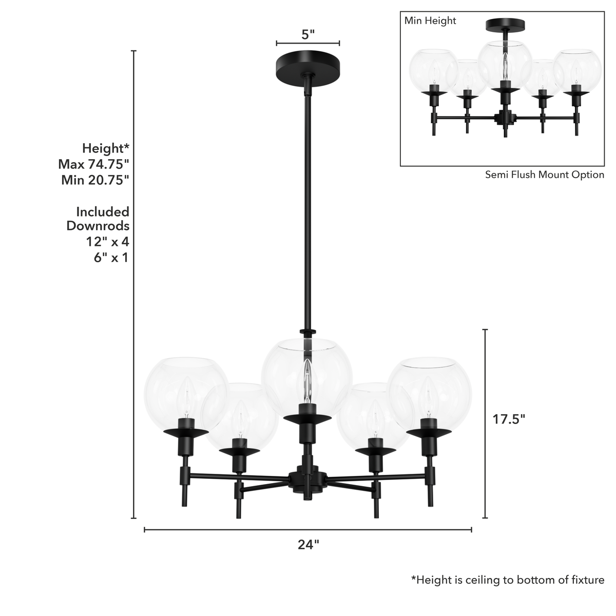 Xidane 24-inch 5-light Matte Black Chandelier with Clear Glass