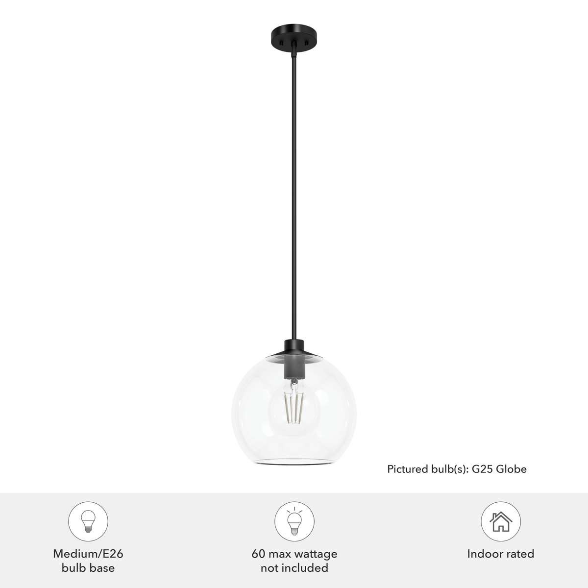 Xidane 12-inch 1-light Matte Black Globe Pendant with Clear Glass