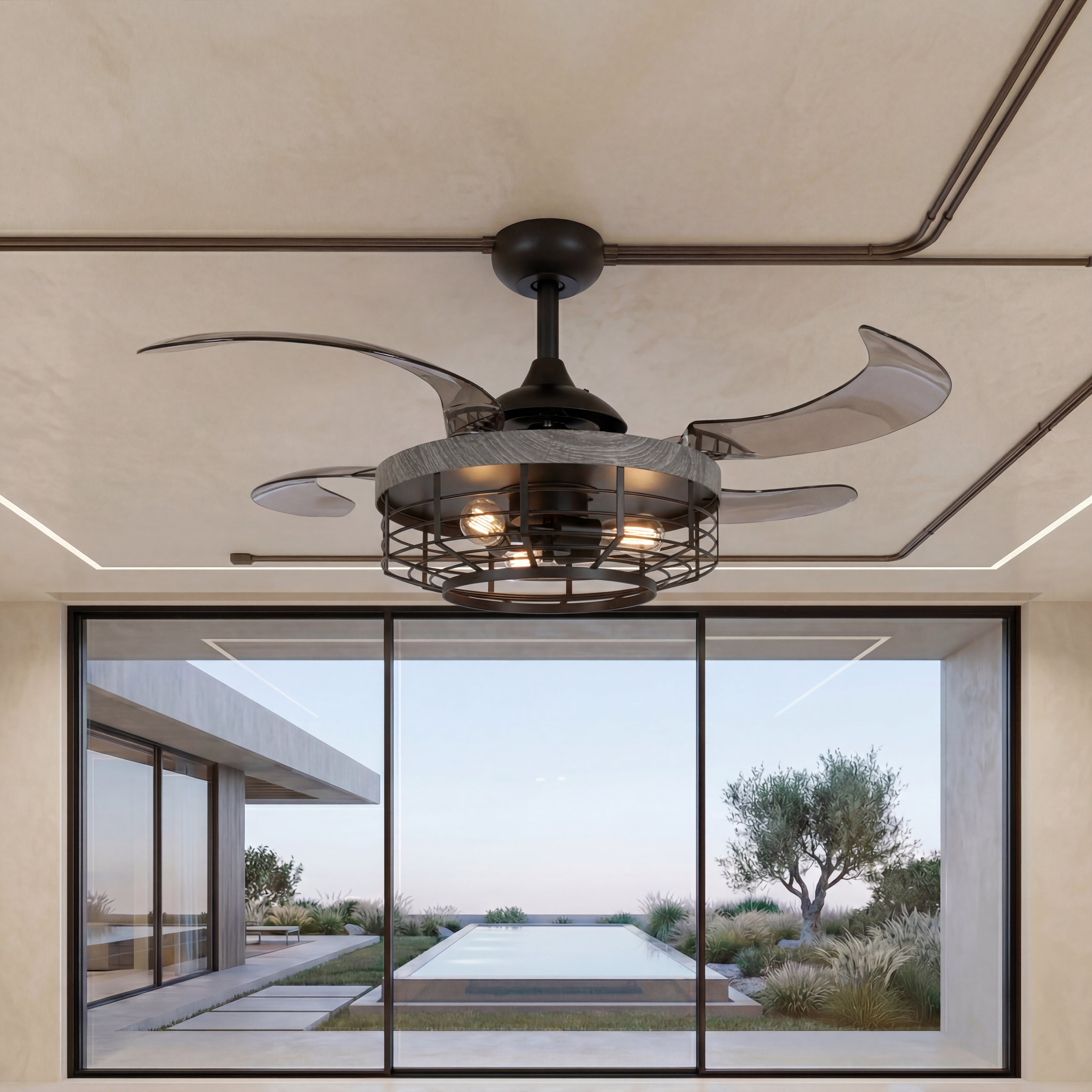 48 Inch Black Koa Retractable Blade Ceiling Fan