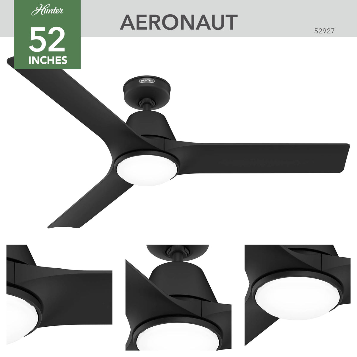 52 inch Aeronaut Wi-Fi ENERGY STAR® Matte Black Damp Rated Ceiling Fan with LED Light Kit and Handheld Remote