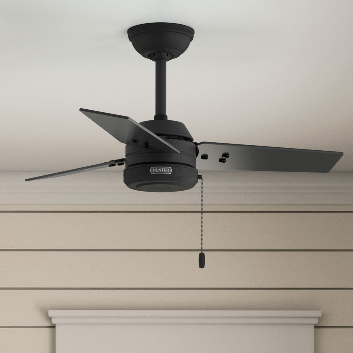 36 inch Cassius Matte Black Damp Rated Ceiling Fan and Pull Chain