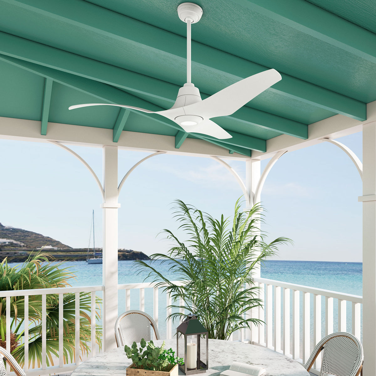 Casablanca 60 inch Stingray ENERGY STAR® Matte White Damp Rated Ceiling Fan with LED Light Kit and Handheld Remote