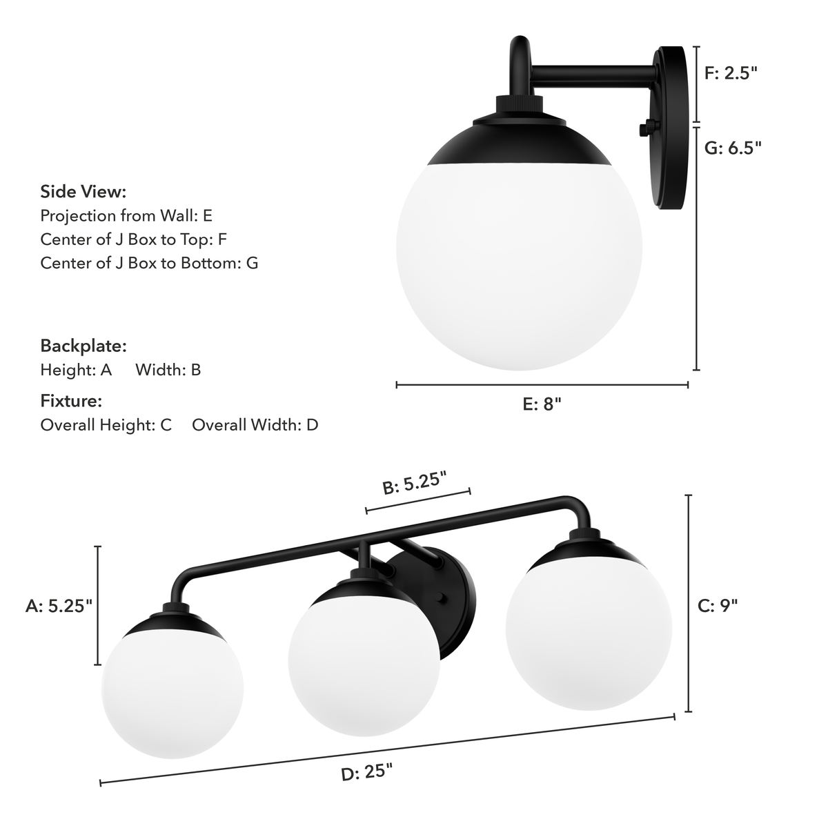Hepburn 25-inch 3-light Matte Black Vanity Light with Cased White Glass