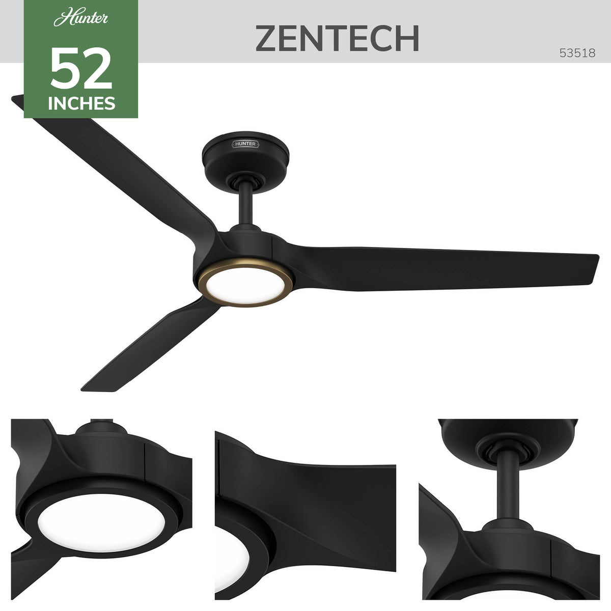 52 inch Zentech Wi-Fi ENERGY STAR® Matte Black Damp Rated Ceiling Fan with LED Light Kit and Remote