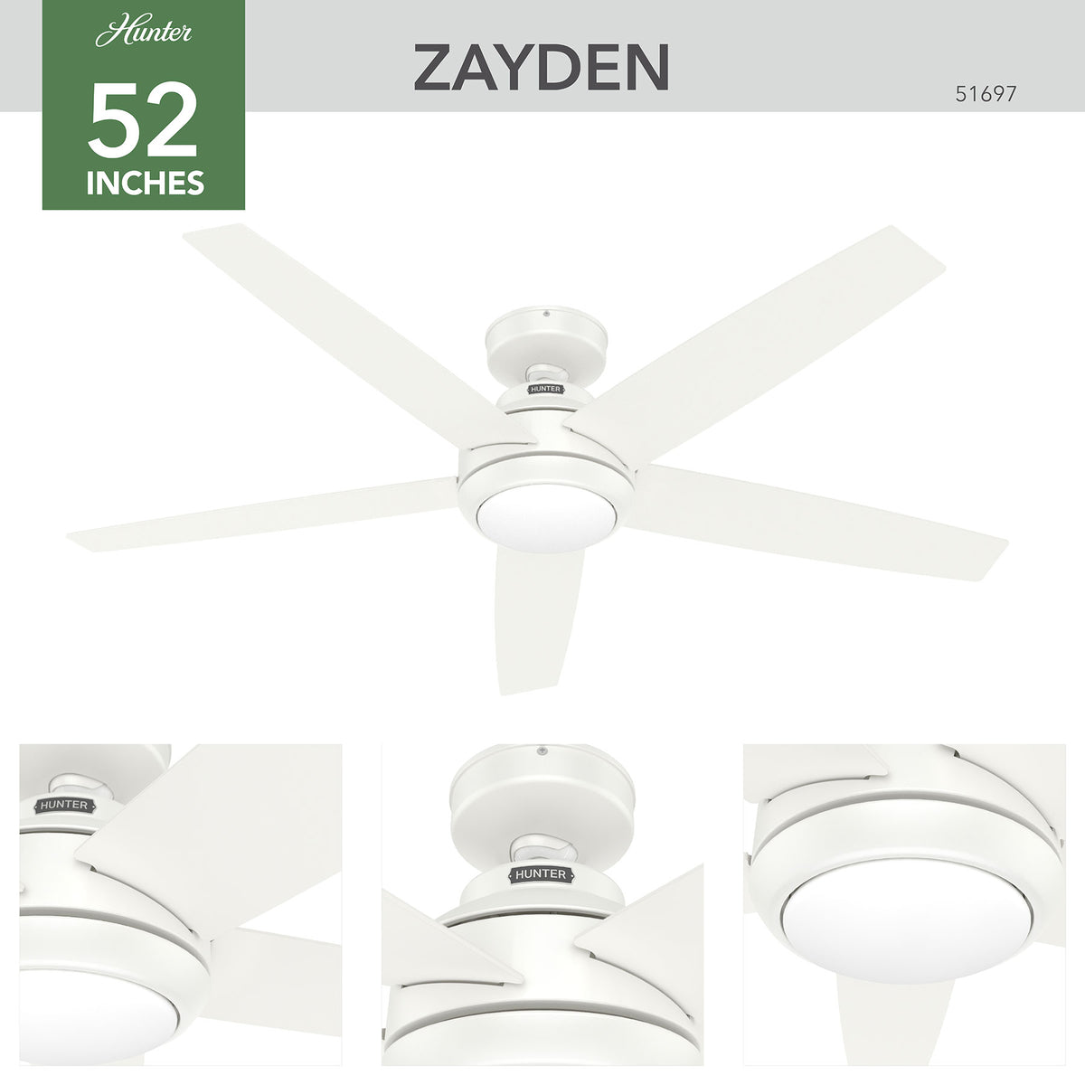 52 inch Zayden Fresh White Ceiling Fan with LED Light Kit and Handheld Remote