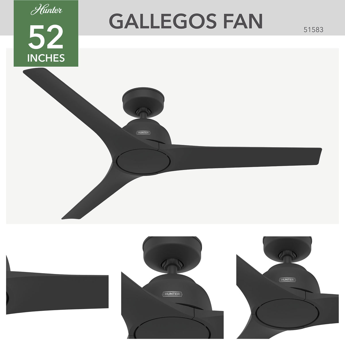 52 inch Gallegos Matte Black Damp Rated Ceiling Fan and Wall Control