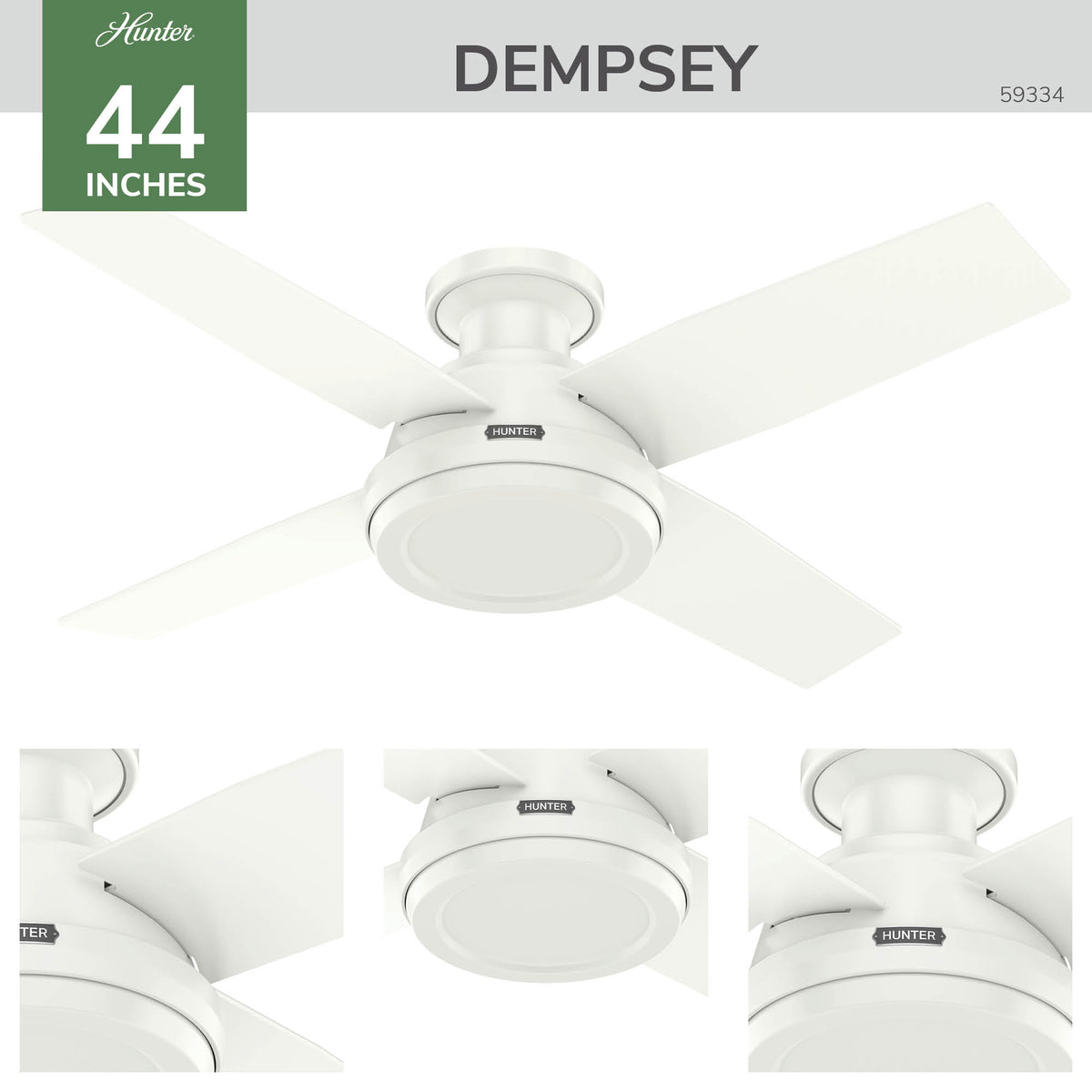 44 inch Dempsey Fresh White Low Profile Ceiling Fan and Handheld Remote