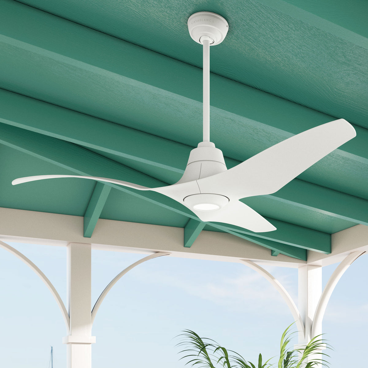 Casablanca 60 inch Stingray ENERGY STAR® Matte White Damp Rated Ceiling Fan with LED Light Kit and Handheld Remote