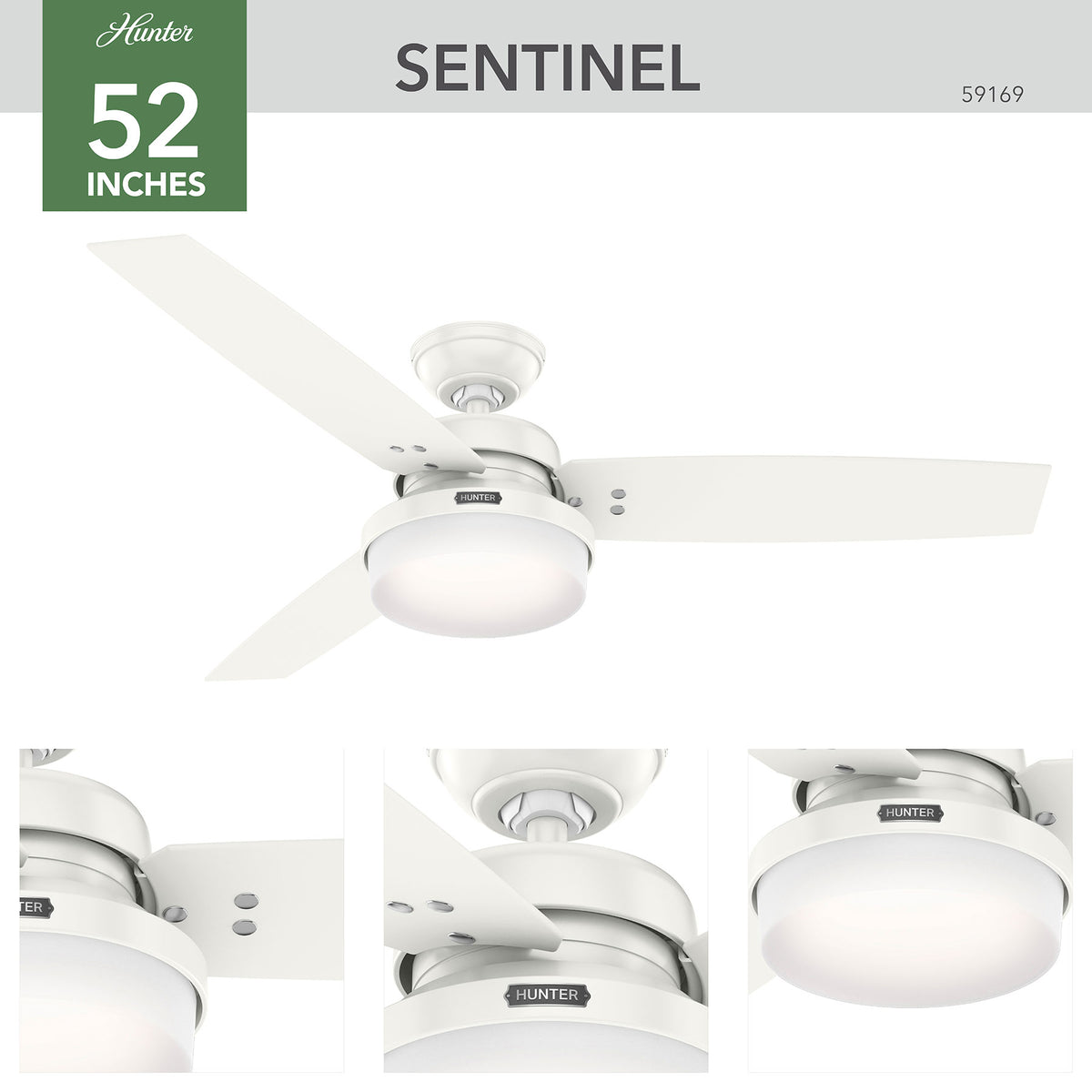 52 inch Sentinel Fresh White Ceiling Fan with LED Light Kit and Handheld Remote