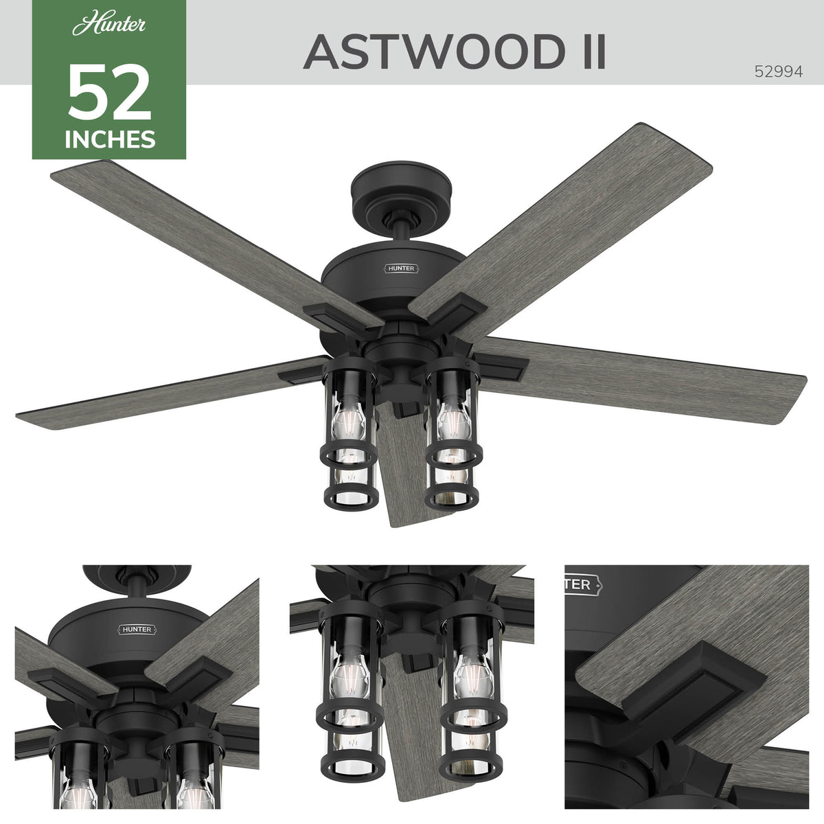 52 inch Astwood II Matte Black Ceiling Fan with LED Light Kit and Handheld Remote