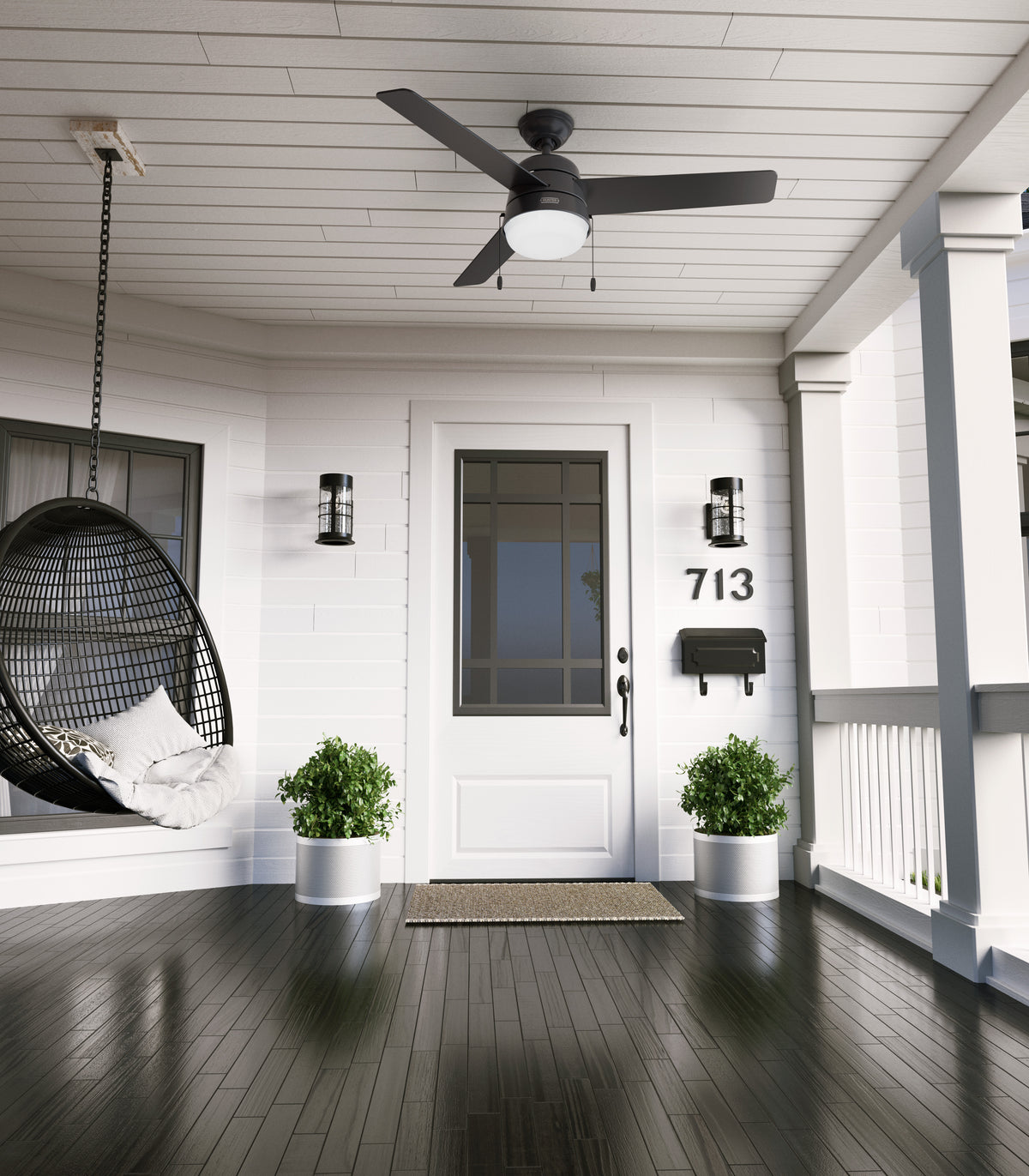 52 inch Aker Matte Black Damp Rated Ceiling Fan with LED Light Kit and Pull Chain