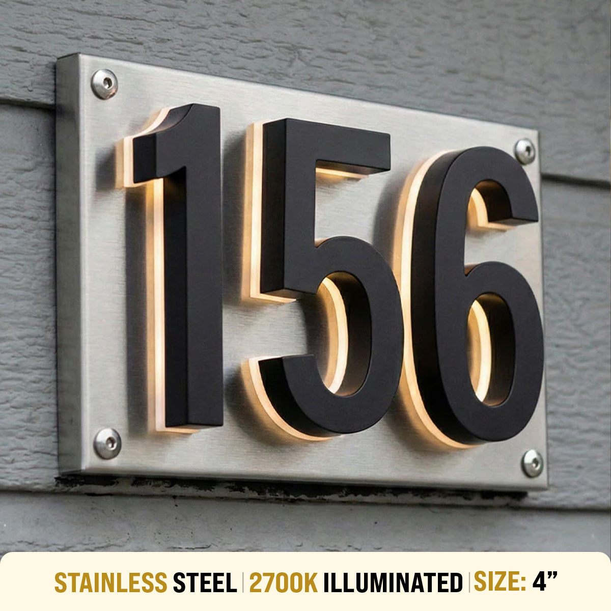 4 inch backlit house numbers - 2700k Stainless Steel - Waterproof