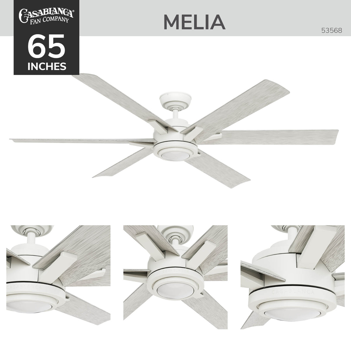 Casablanca 65 inch Melia ENERGY STAR® Fresh White Damp Rated Ceiling Fan with LED Light Kit and Wall Control and Handheld Remote