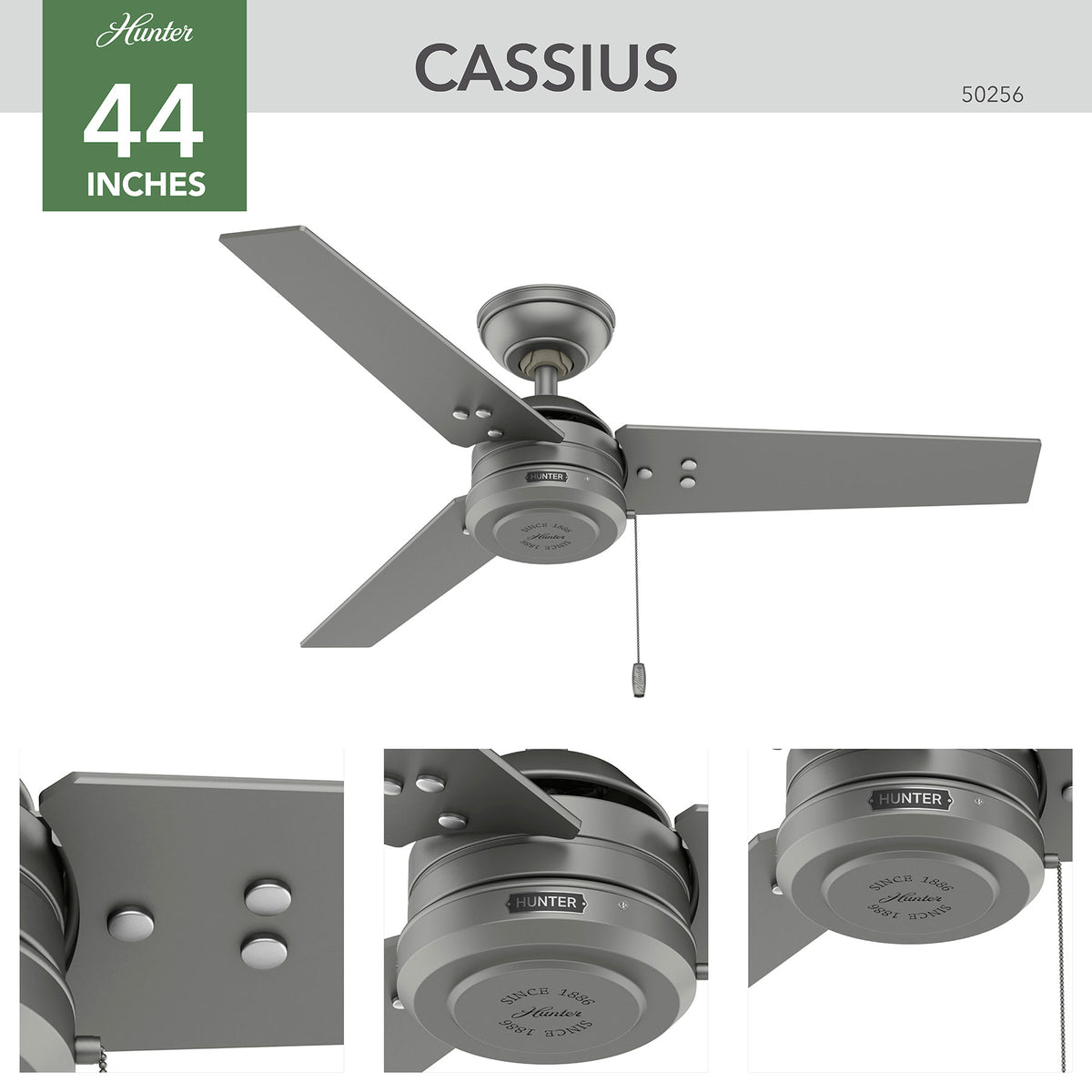 44 inch Cassius Matte Silver Damp Rated Ceiling Fan and Pull Chain