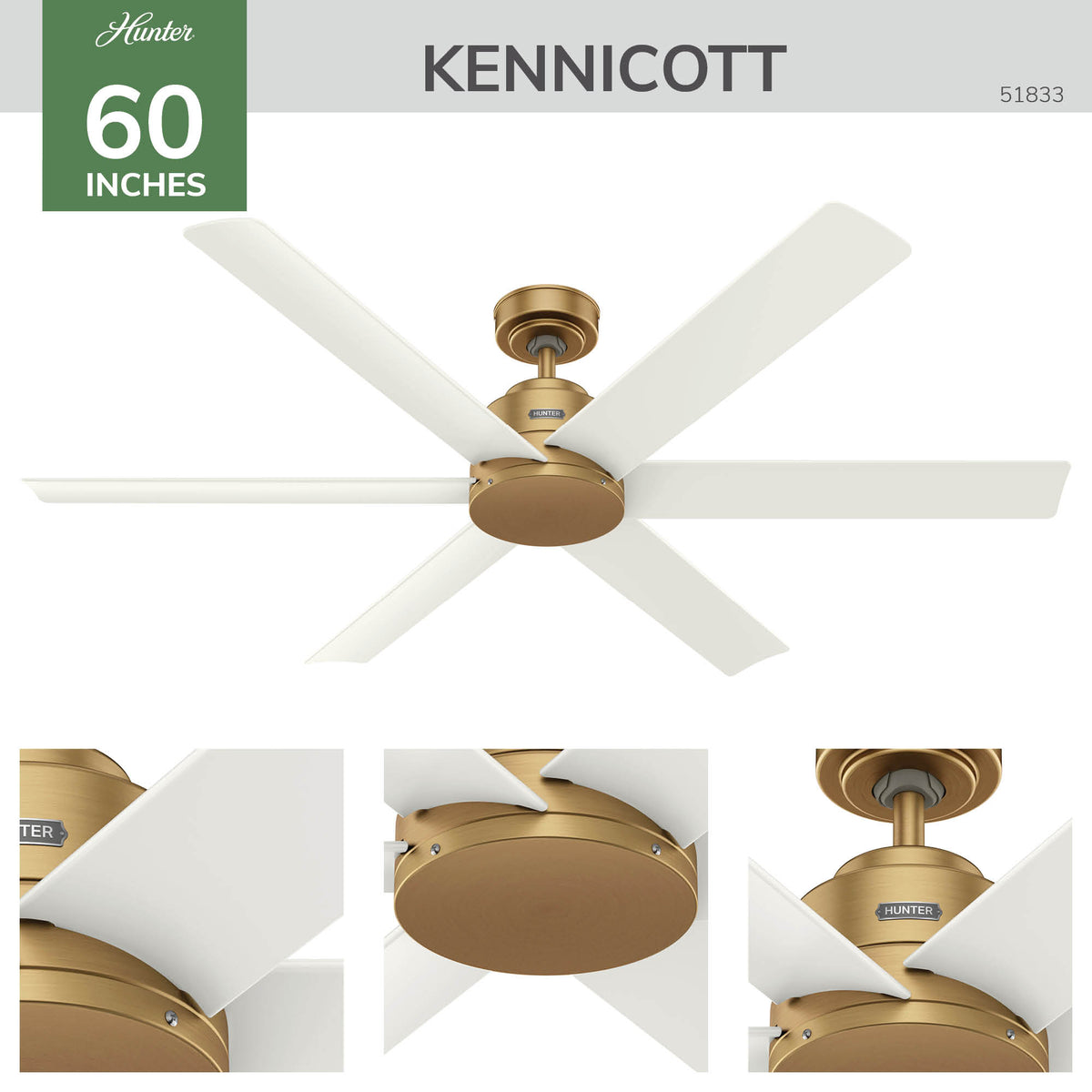 60 inch Kennicott ENERGY STAR® Luxe Gold Damp Rated Ceiling Fan and Handheld Remote