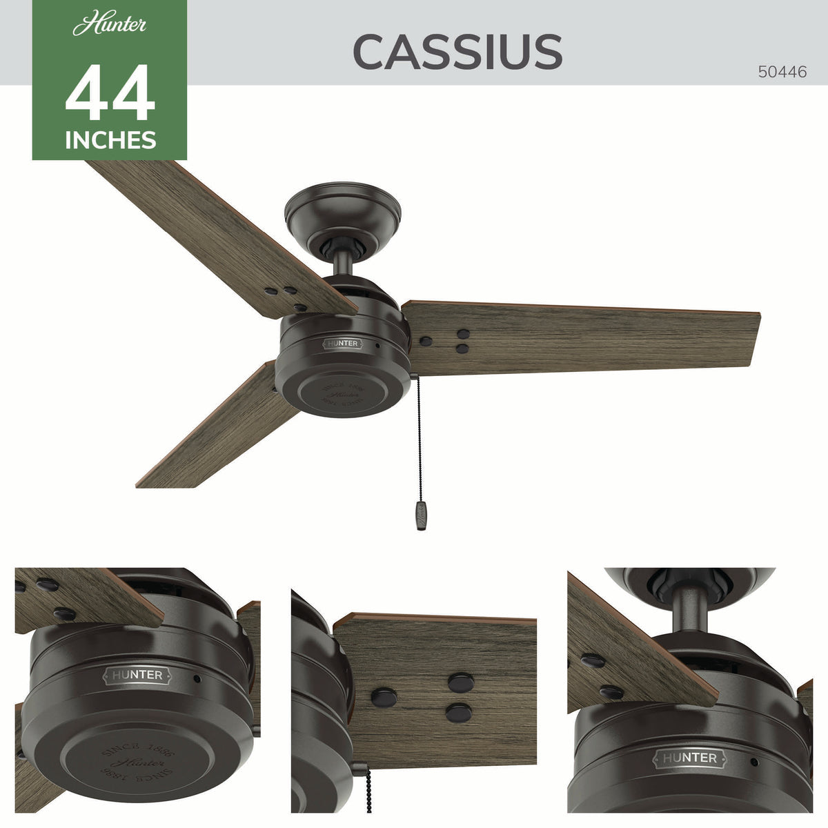 44 inch Cassius Noble Bronze Damp Rated Ceiling Fan and Pull Chain