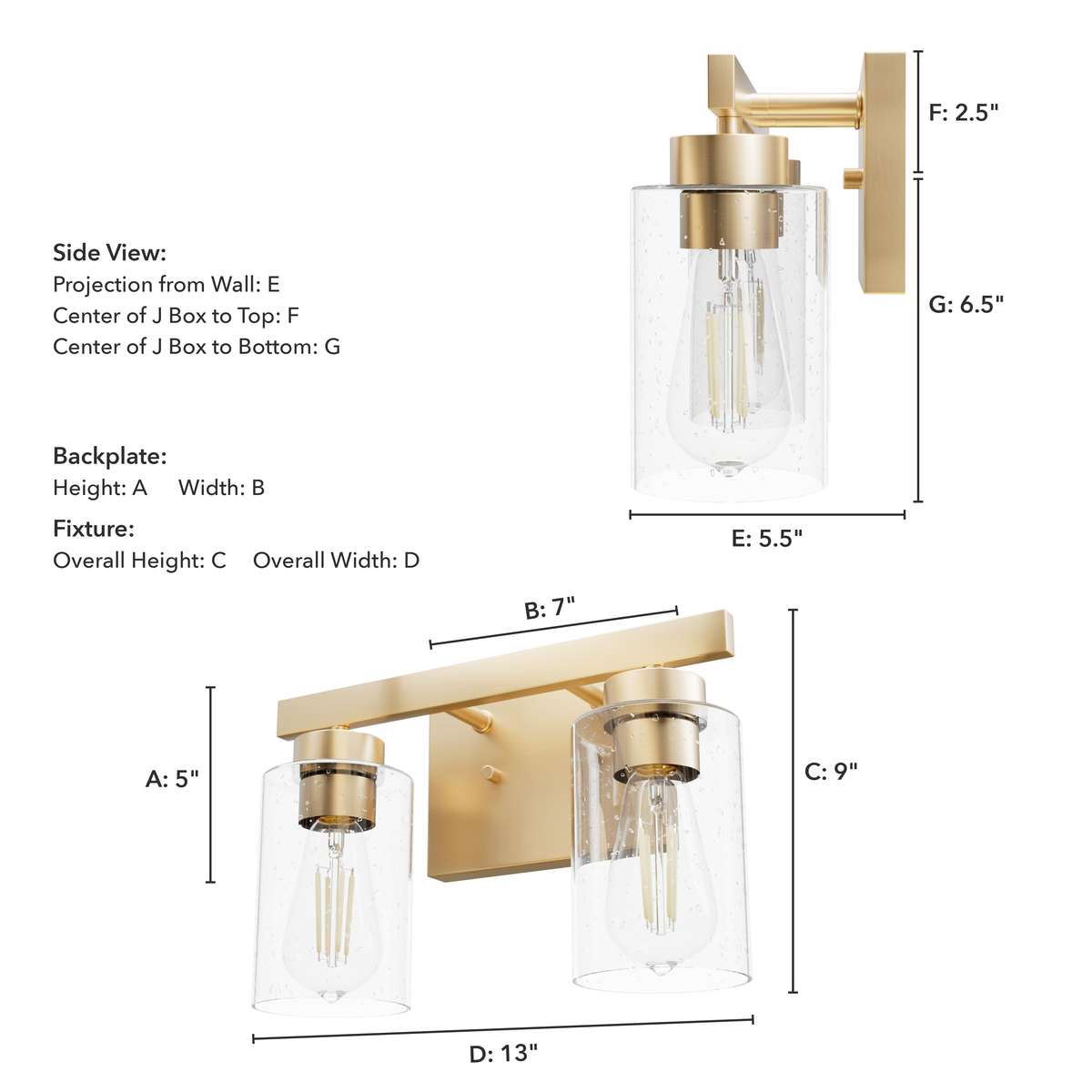 Hartland 13-inch 2-light Alturas Gold Vanity Light with Seeded Glass