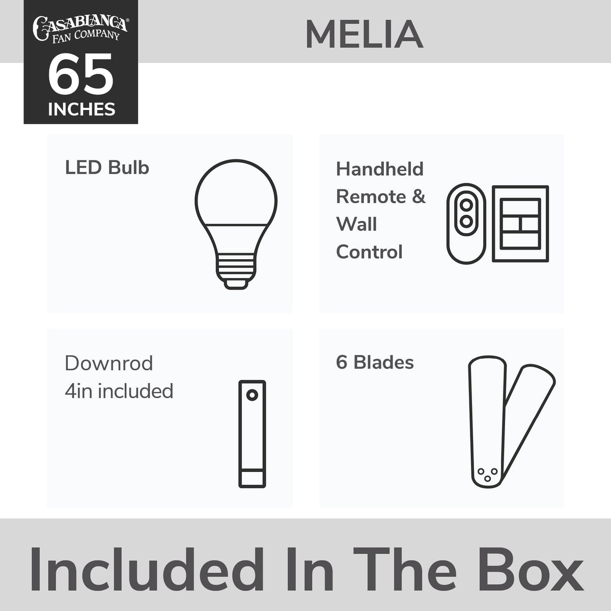 Casablanca 65 inch Melia ENERGY STAR® Matte Black Damp Rated Ceiling Fan with LED Light Kit and Wall Control and Handheld Remote