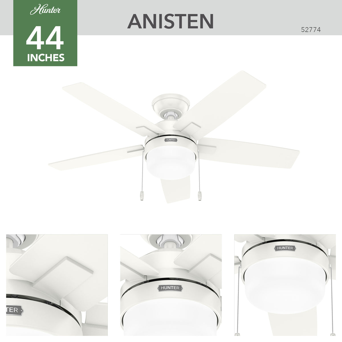 44 inch Anisten ENERGY STAR® Fresh White Ceiling Fan with LED Light Kit and Pull Chain
