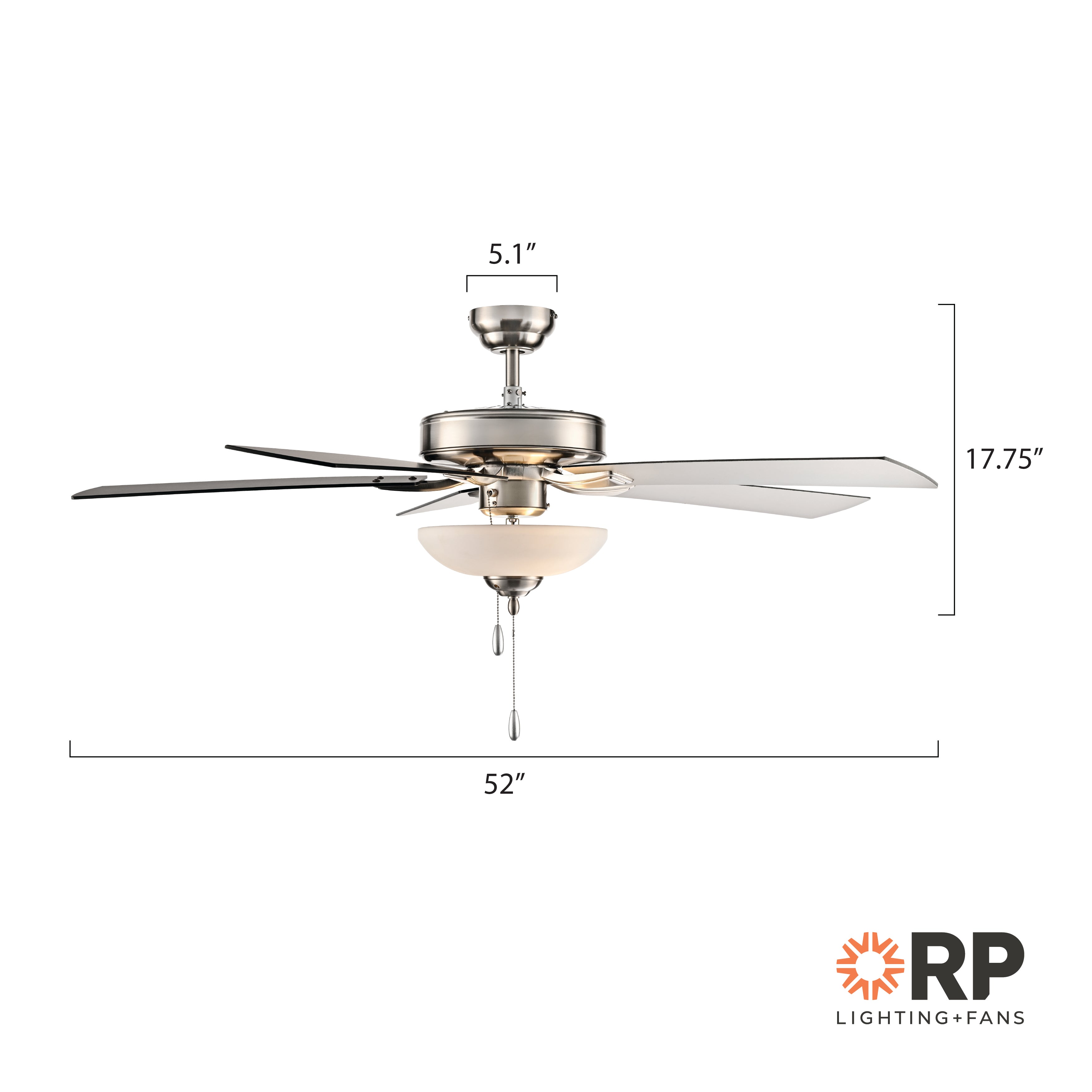 52 Inch Galeson AC Brushed Nickel Indoor Ceiling Fan 5-Blade 2 Lights Reversible