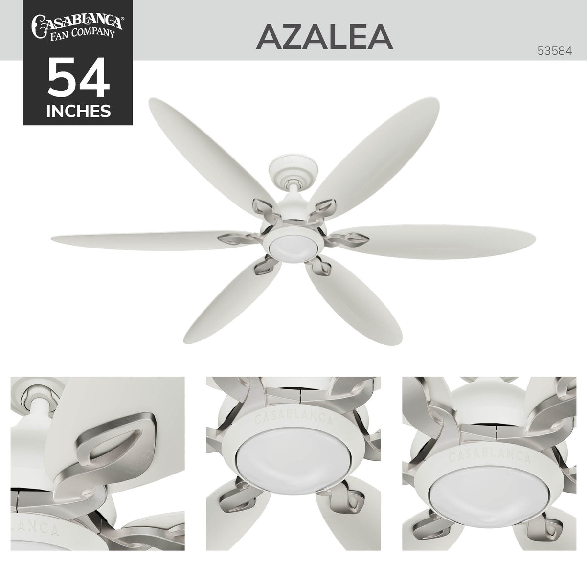 Casablanca 60 inch Azalea ENERGY STAR® Fresh White Damp Rated Ceiling Fan with LED Light Kit and Wall Control and Handheld Remote