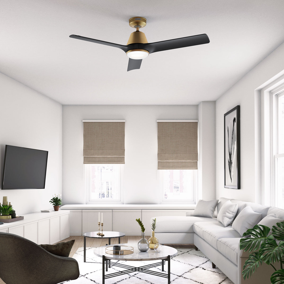 52 inch Aeronaut Wi-Fi ENERGY STAR® Luxe Gold Damp Rated Ceiling Fan with LED Light Kit and Handheld Remote