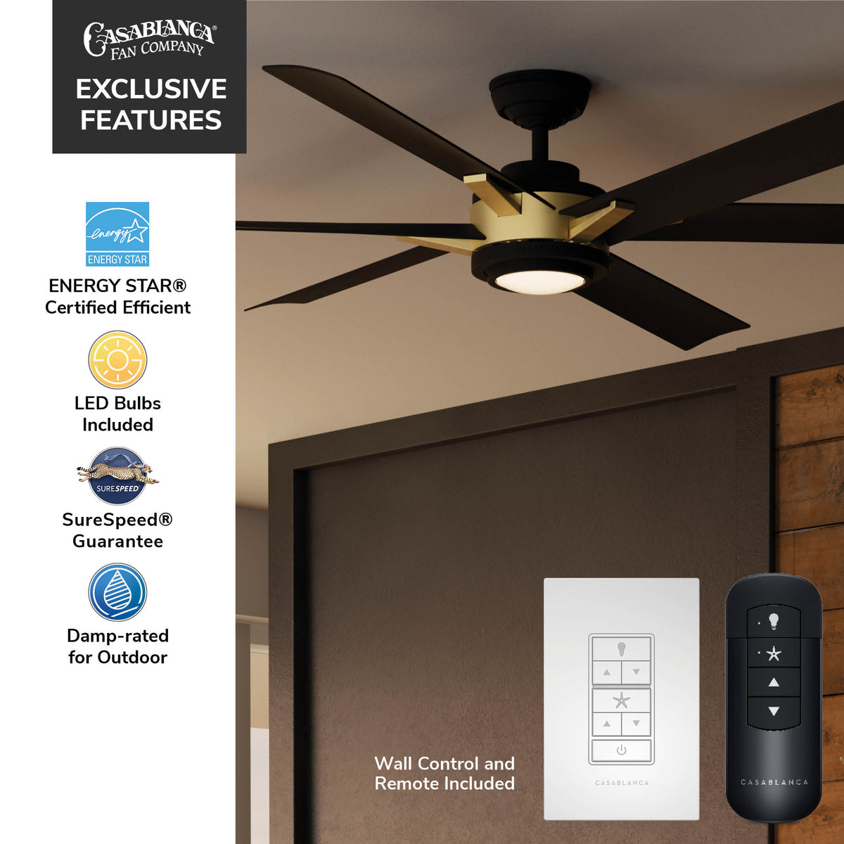 Casablanca 65 inch Melia ENERGY STAR® Alturas Gold Damp Rated Ceiling Fan with LED Light Kit and Wall Control and Handheld Remote