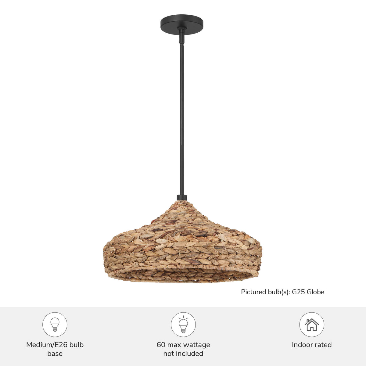 Cambria 18-inch 1-light Matte Black Pendant with Natural Seagrass Shade
