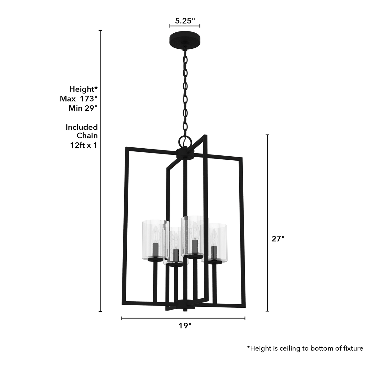 Kerrison 19-inch 4-light Natural Black Iron Lantern Pendant with Seeded Glass