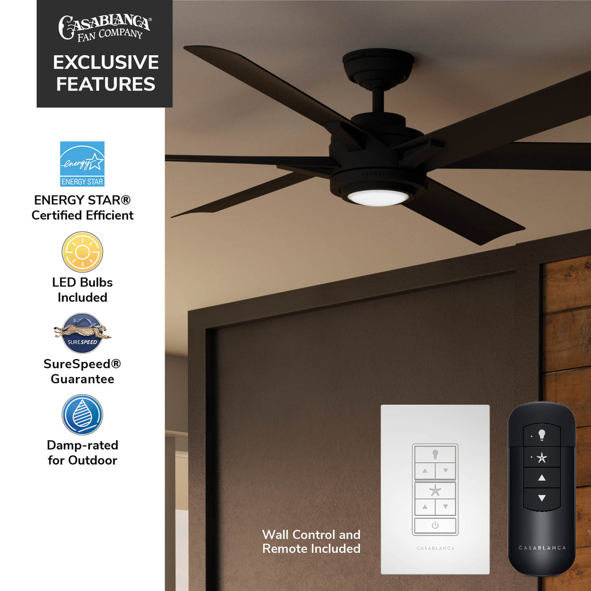 Casablanca 65 inch Melia ENERGY STAR® Matte Black Damp Rated Ceiling Fan with LED Light Kit and Wall Control and Handheld Remote