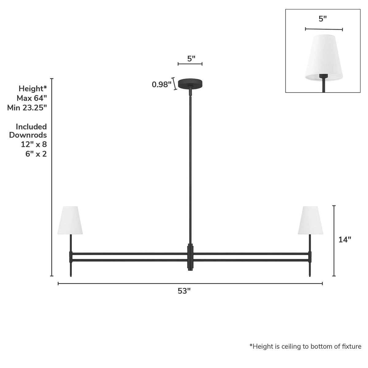 Camelia Stem 53-inch 2-light Matte Black and Off White Linen Linear Chandelier with White Linen Fabric Shade