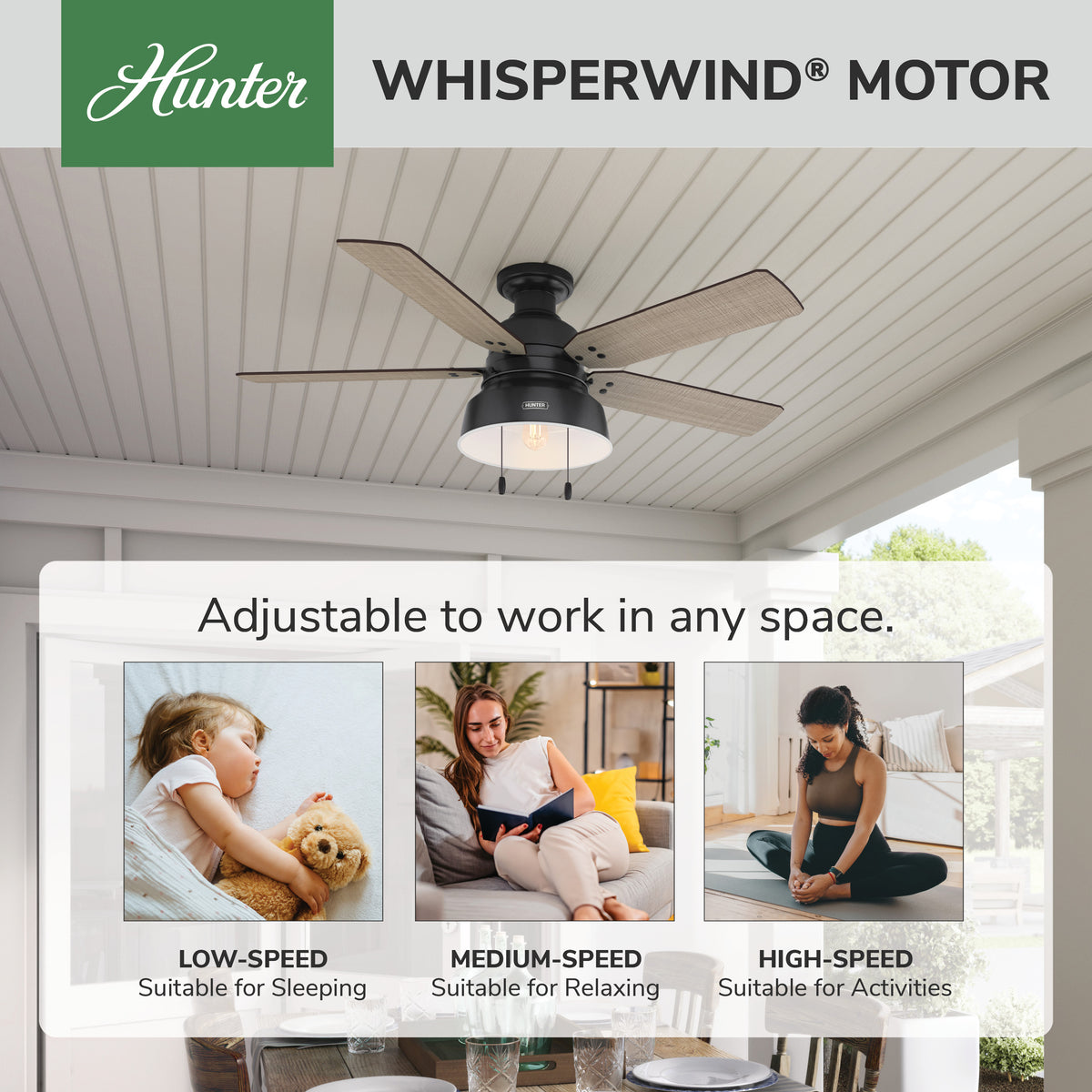 52 inch Mill Valley Matte Black Low Profile Damp Rated Ceiling Fan with LED Light Kit and Pull Chain