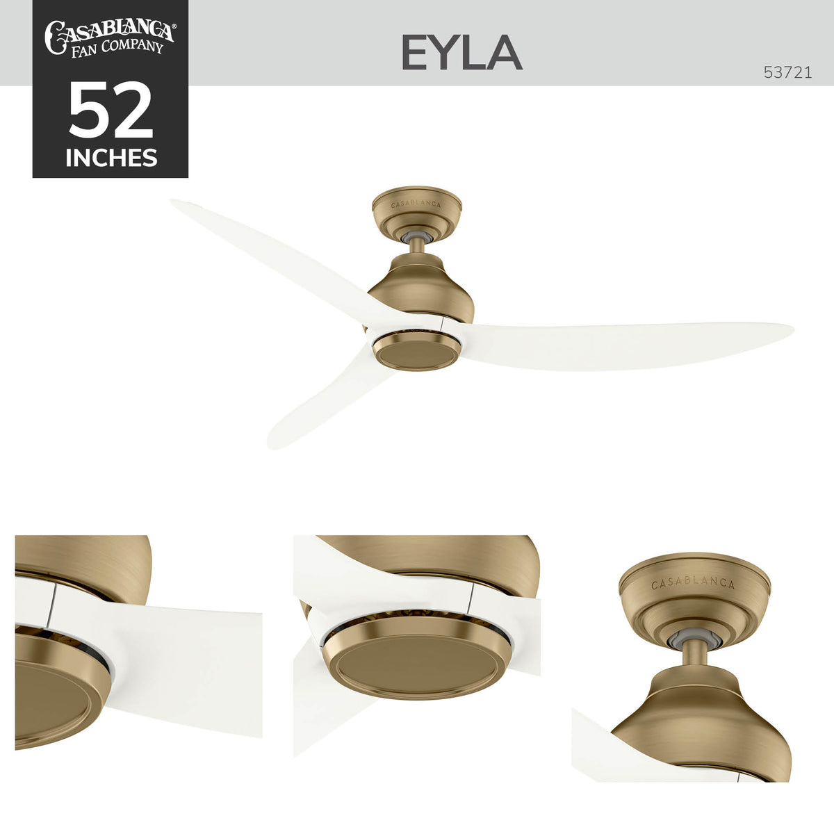 Casablanca 52 inch Eyla ENERGY STAR® Luxe Gold Damp Rated Ceiling Fan and Wall Control and Handheld Remote