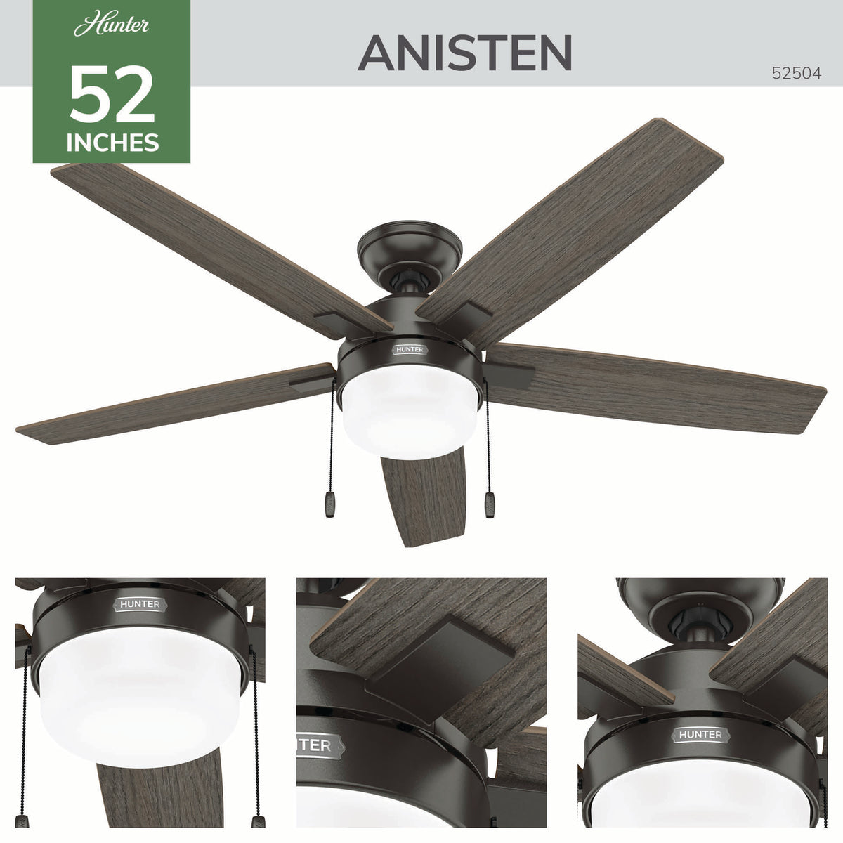 52 inch Anisten Noble Bronze Ceiling Fan with LED Light Kit and Pull Chain