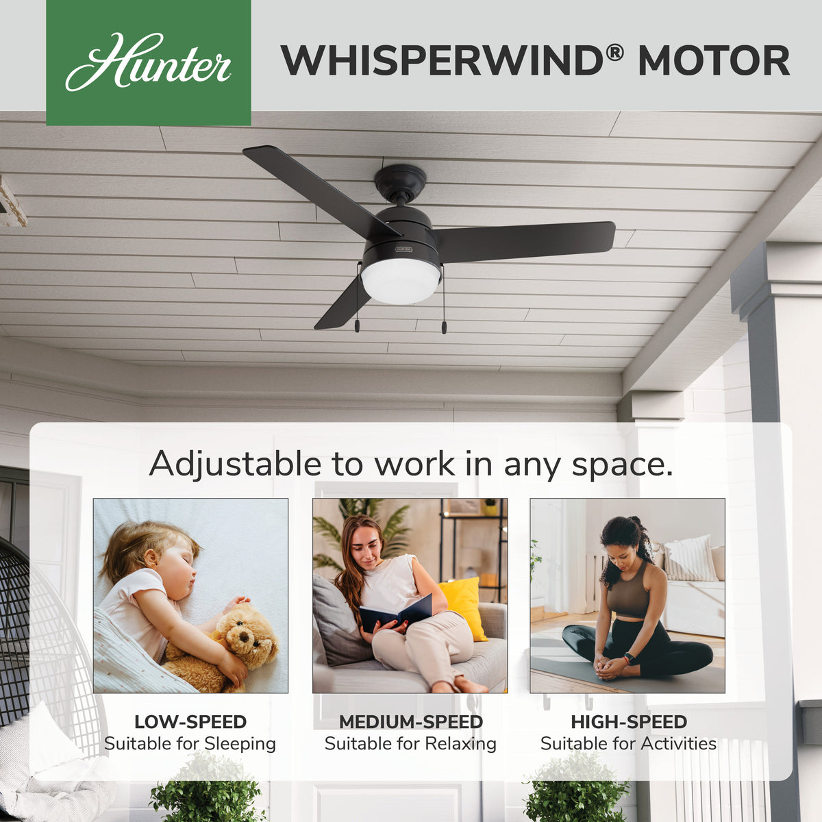 52 inch Aker Matte Black Damp Rated Ceiling Fan with LED Light Kit and Pull Chain