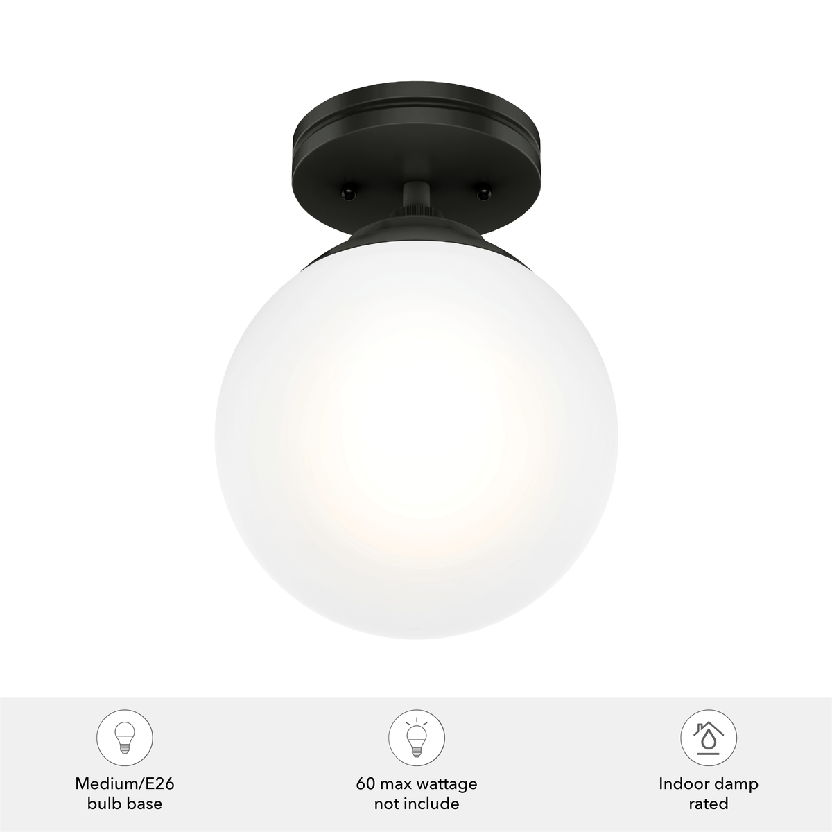 Hepburn 8-inch 1-light Matte Black Semi-Flush Mount with Cased White Glass